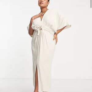 ASOS DESIGN Curve batwing tie front linen midi dress in natural